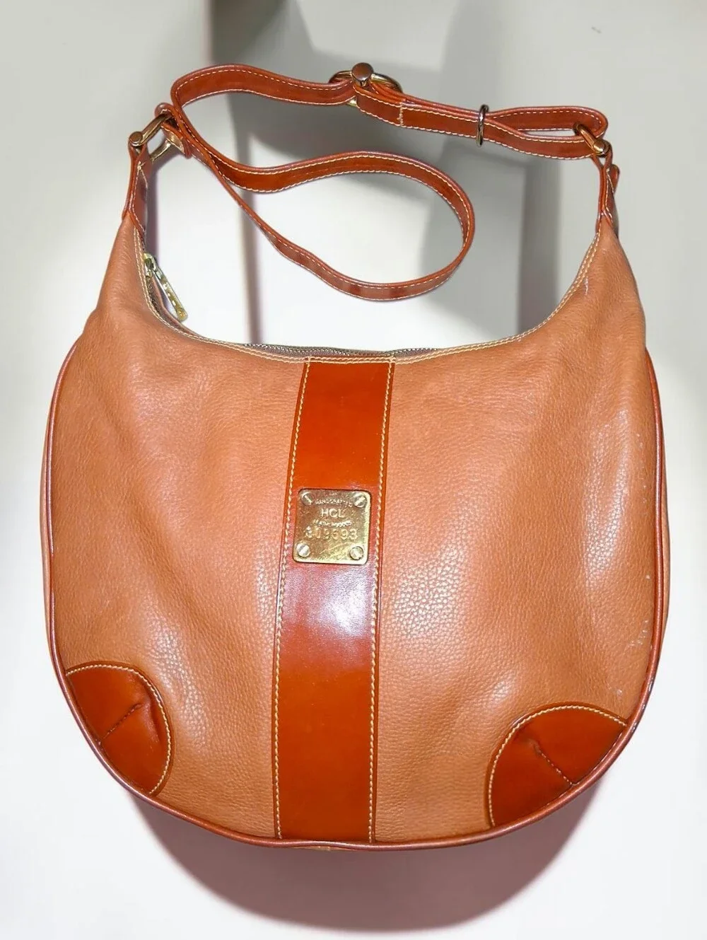 Vintage HCL Handmade Classic Brown & Tan Leather Hobo Bag - Made In Germany